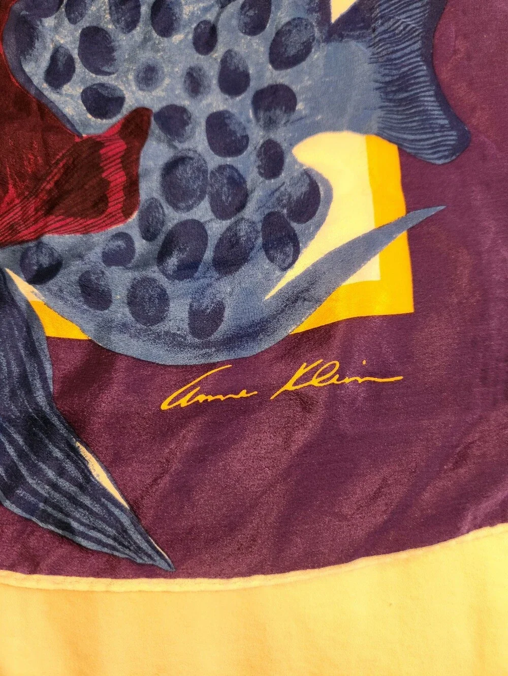 Vintage Anne Klein, Tropical Blue Fish Scarf 35 Inch Square, EUC